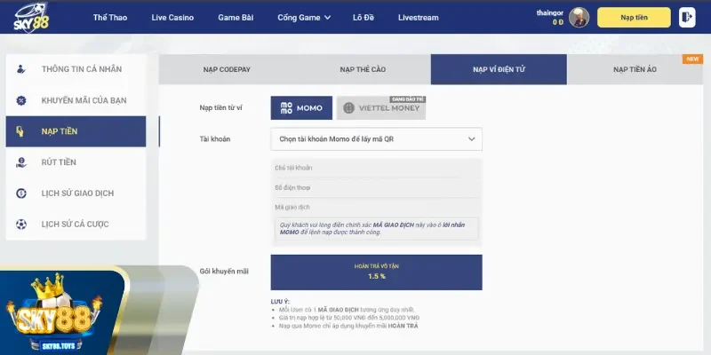 Nạp Tiền SKY88 Momo nhanh chóng và tiện lợi với ví điện tử